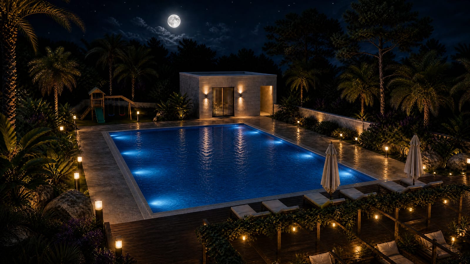 Moonlit pool terrace at Moonlight Ain Zhalta with lounge chairs and string lights under a full moon